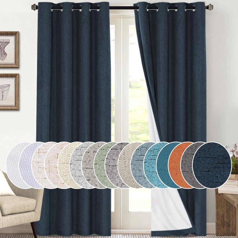 PrinceDeco Linen Blackout Curtains 108 Inches Long Thermal Insulated Textured Blackout Curtains 2 Panels Set Grommet Textured Curtains with White Liner for Bedroom Living Room(52x108 inch,Navy) - Image 1